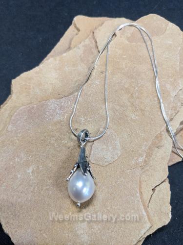 White pearl snowdrop pendant w/chain by Pam Springall